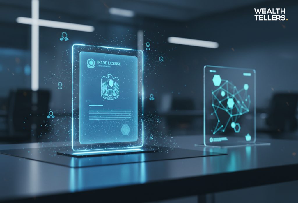 A glowing holographic UAE trade license displayed in a futuristic office, with digital network graphics beside it.