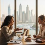 Two businesswomen discussing work at a café table with laptops and notebooks, overlooking a marina and modern Dubai skyline through large windows.