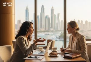 Two businesswomen discussing work at a café table with laptops and notebooks, overlooking a marina and modern Dubai skyline through large windows.