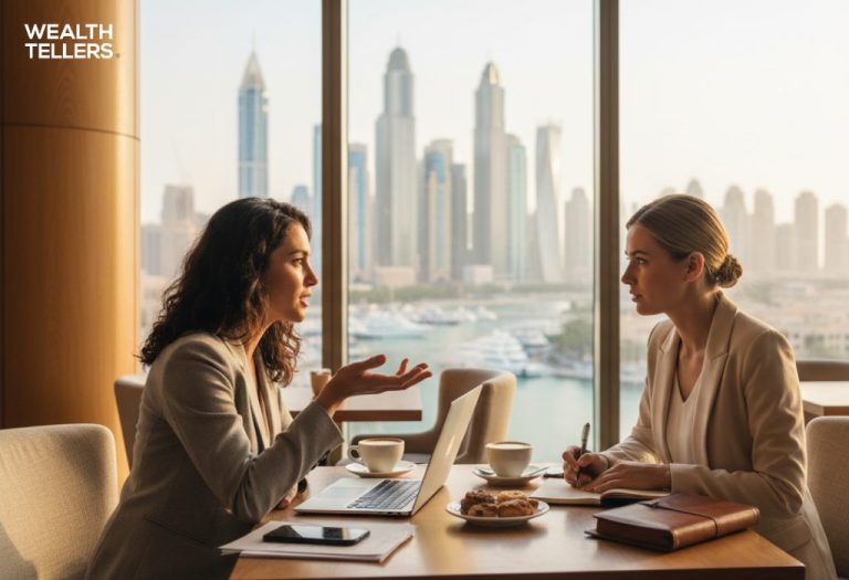 Two businesswomen discussing work at a café table with laptops and notebooks, overlooking a marina and modern Dubai skyline through large windows.