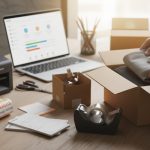 Hands packing products into a shipping box on a desk with laptop, label printer, tape, and fragile stickers for e-commerce orders.
