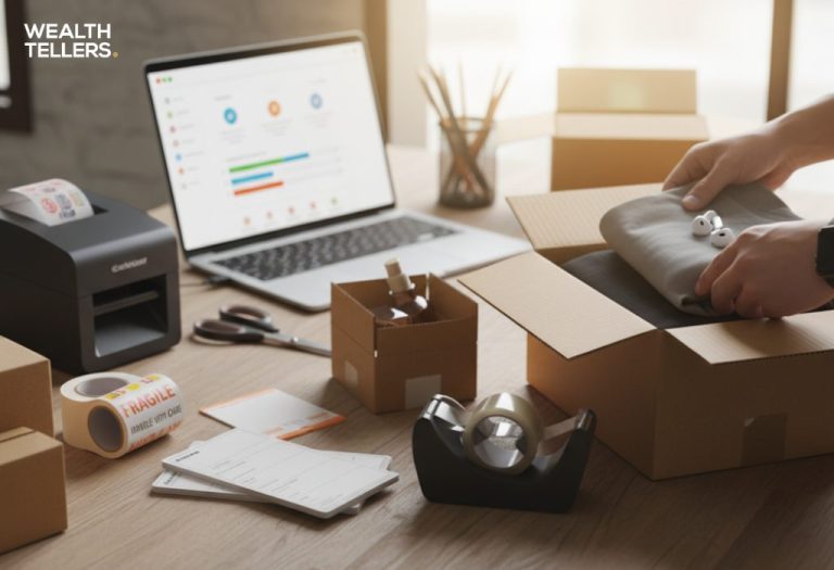 Hands packing products into a shipping box on a desk with laptop, label printer, tape, and fragile stickers for e-commerce orders.