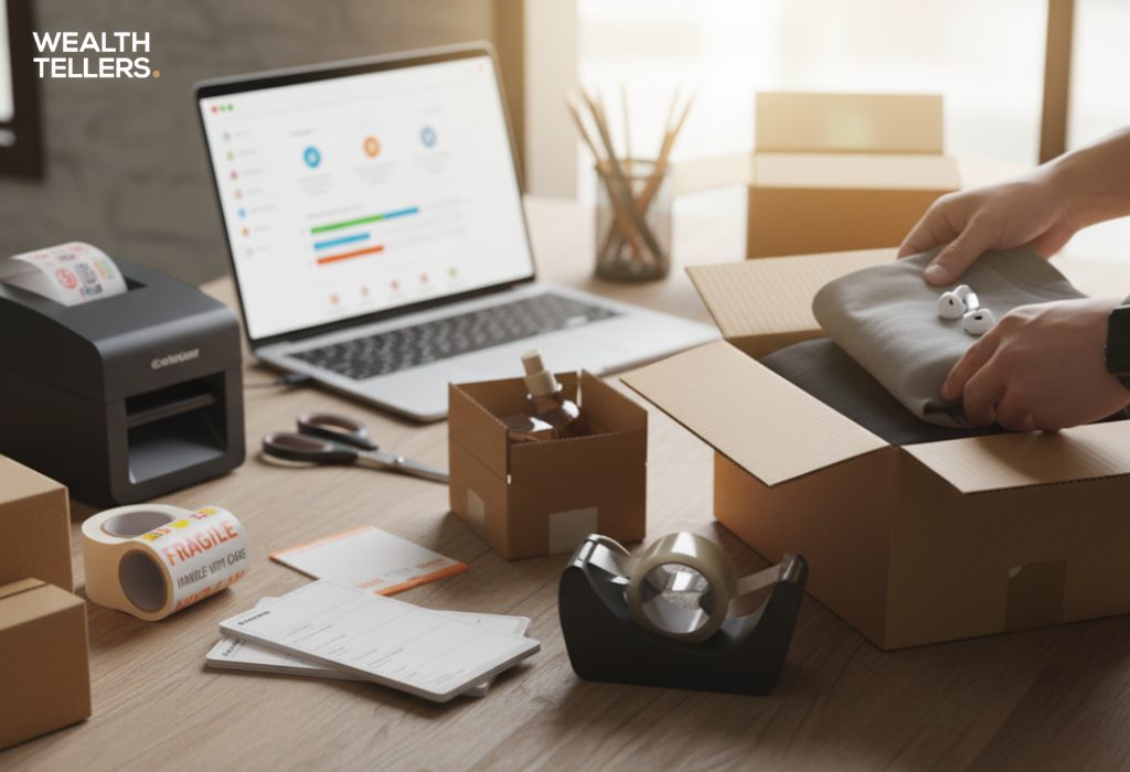 Hands packing products into a shipping box on a desk with laptop, label printer, tape, and fragile stickers for e-commerce orders.