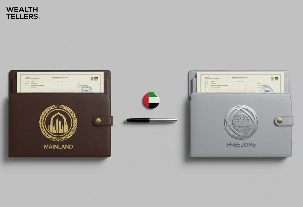 Brown mainland and gray freezone document folders with UAE forms, a UAE flag pin, and a pen arranged neatly on a gray background.