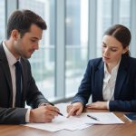 Two business professionals reviewing and signing documents at a modern office desk, with a passport placed near the papers.