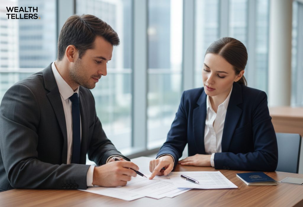 Two business professionals reviewing and signing documents at a modern office desk, with a passport placed near the papers.