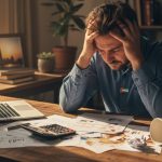A stressed man holding his head at a messy desk with charts, a laptop, calculator, and spilled coffee in warm office light.