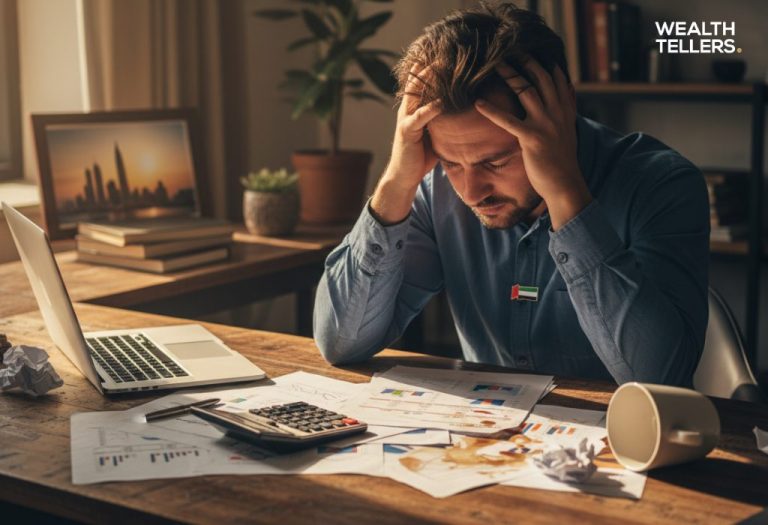 A stressed man holding his head at a messy desk with charts, a laptop, calculator, and spilled coffee in warm office light.