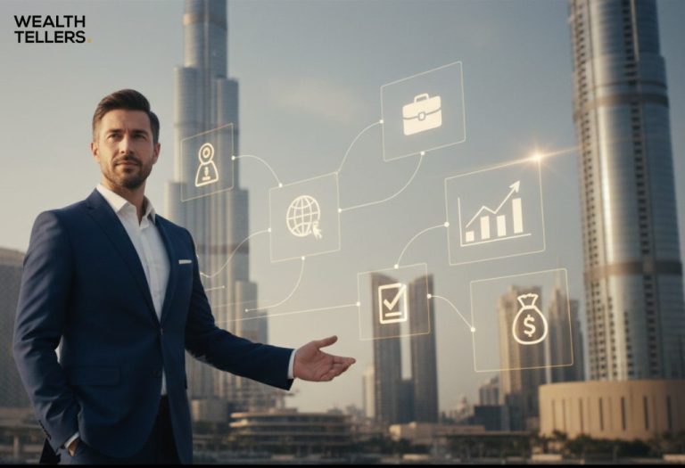 A businessman in a blue suit standing in Dubai with glowing business icons floating beside him against the city skyline.
