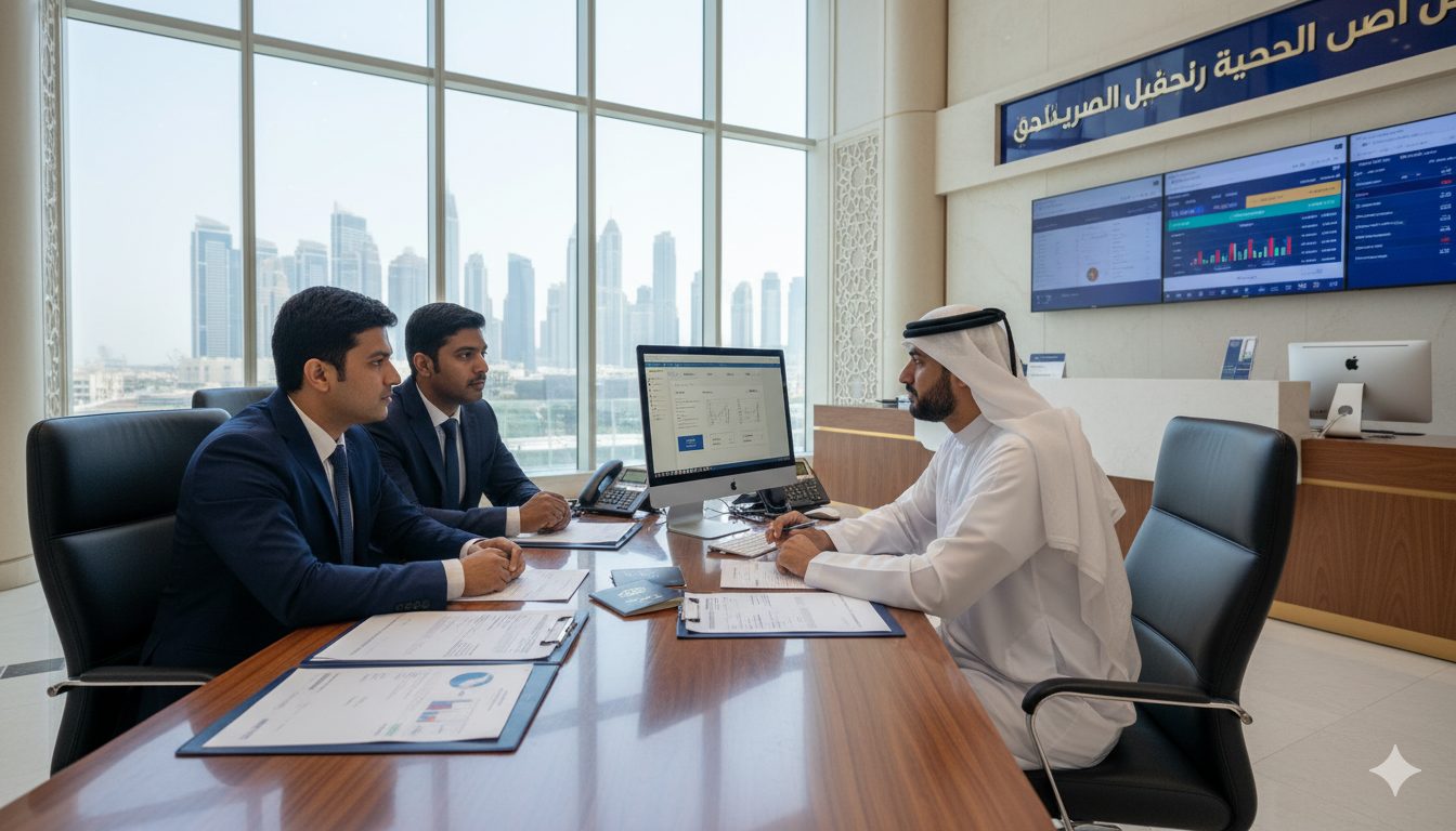 Business owners meeting with a UAE bank representative to open a corporate account and discuss financial setup