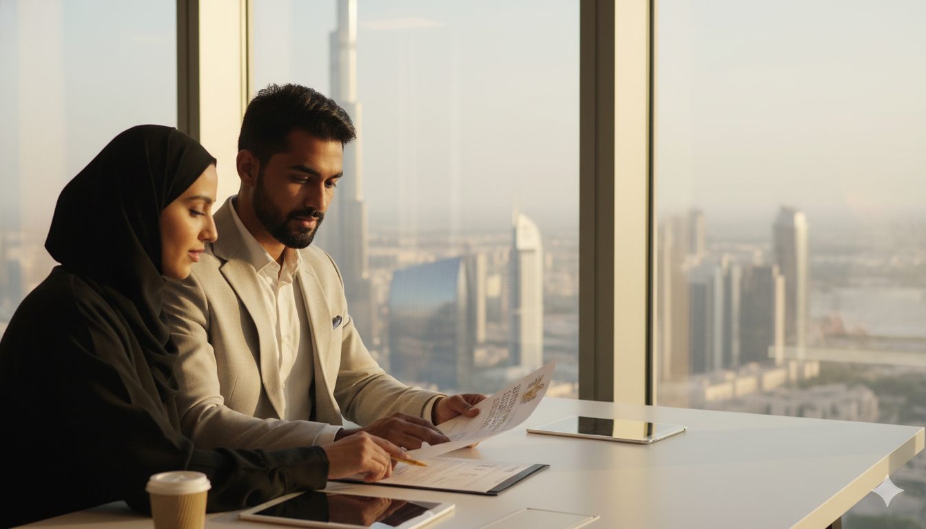 Entrepreneur in Dubai reviewing UAE Golden Visa plans with the city skyline in the background