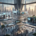 Futuristic Dubai free zone hub with professionals networking in smart offices labelled SHAMS FZ and UAQ FTZ, representing startup ecosystem.