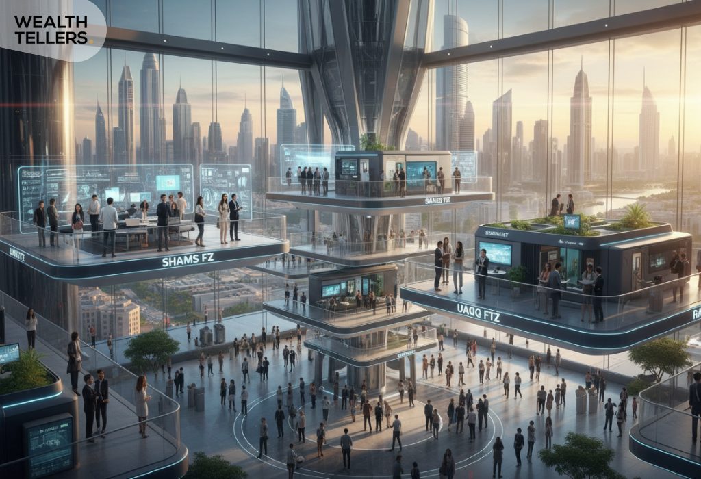 Futuristic Dubai free zone hub with professionals networking in smart offices labelled SHAMS FZ and UAQ FTZ, representing startup ecosystem.