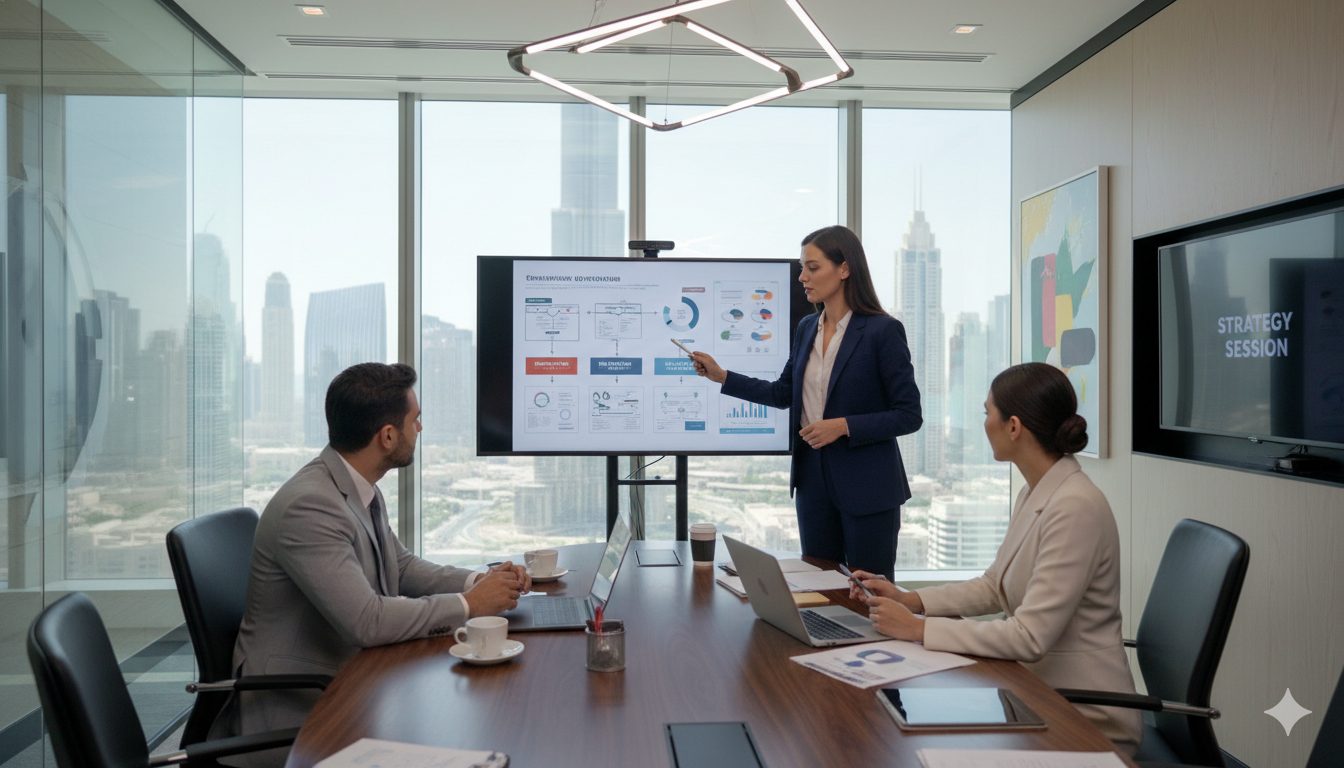 Business consultant discussing strategy with clients in Dubai office meeting room