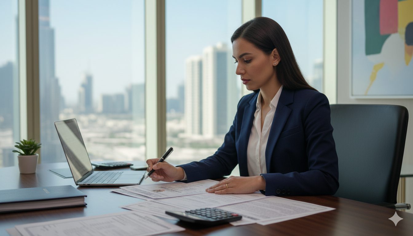 Business owner reviewing UAE company license documents and VAT paperwork on a desk