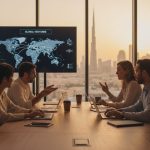 Business team discussing global expansion with world map display in a Dubai office, laptops open and Burj Khalifa visible at sunset.