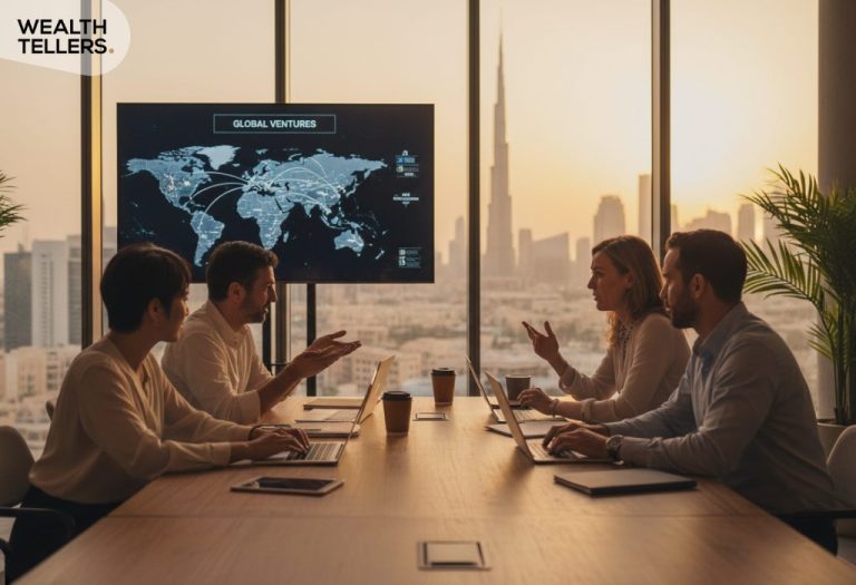 Business team discussing global expansion with world map display in a Dubai office, laptops open and Burj Khalifa visible at sunset.