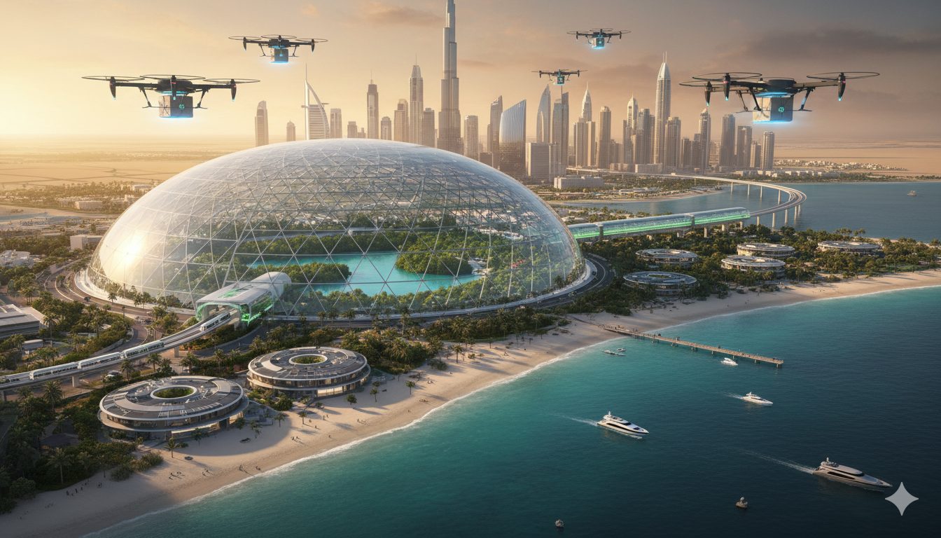 Marketing team working in a modern office with Dubai skyline views