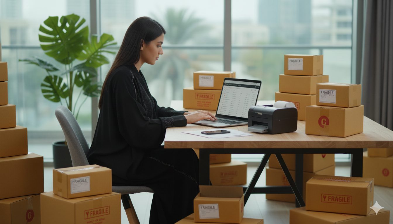Marketing team working in a modern office with Dubai skyline views