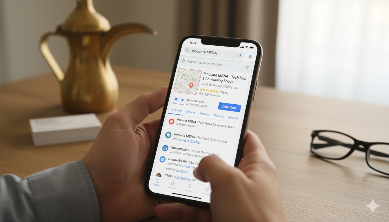 Google search results on a phone showing a UAE business listing and map panel