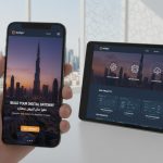 Smartphone and tablet displaying a Dubai business website with Burj Khalifa view, showing digital services for UAE startups and entrepreneurs.