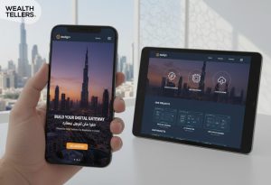 Smartphone and tablet displaying a Dubai business website with Burj Khalifa view, showing digital services for UAE startups and entrepreneurs.