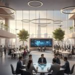 Professionals collaborating in a futuristic Dubai innovation hub with smart tables, digital dashboards and Burj Khalifa visible through glass walls.