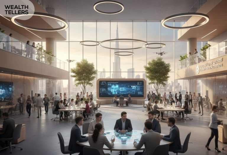Professionals collaborating in a futuristic Dubai innovation hub with smart tables, digital dashboards and Burj Khalifa visible through glass walls.