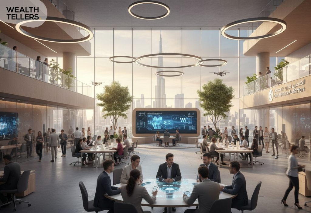 Professionals collaborating in a futuristic Dubai innovation hub with smart tables, digital dashboards and Burj Khalifa visible through glass walls.
