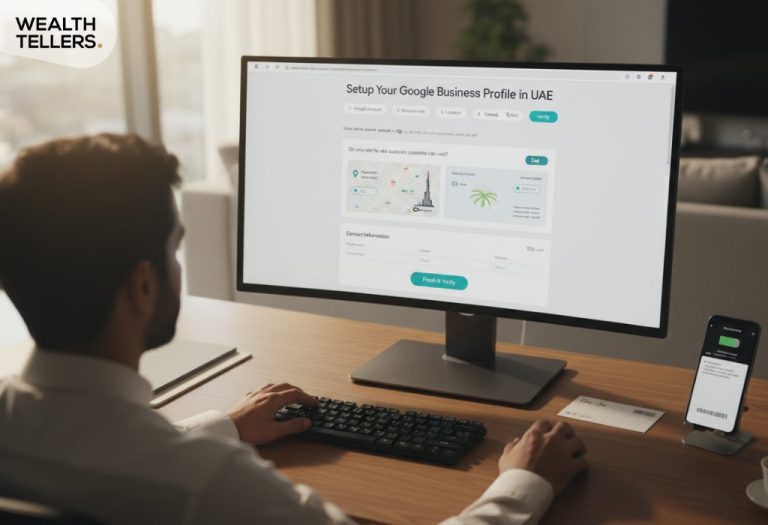 Person setting up a Google Business Profile for a UAE company on desktop with verification code on smartphone beside the computer.
