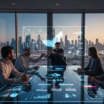 Business leaders discussing strategy around interactive digital table with holographic analytics, overlooking Dubai skyline at sunset.