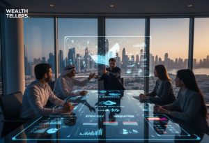 Business leaders discussing strategy around interactive digital table with holographic analytics, overlooking Dubai skyline at sunset.