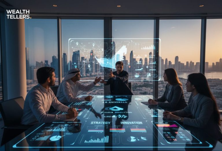 Business leaders discussing strategy around interactive digital table with holographic analytics, overlooking Dubai skyline at sunset.