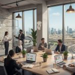 Team collaborating in Dubai digital hub office with laptops and analytics dashboards, overlooking Burj Khalifa skyline through large windows.