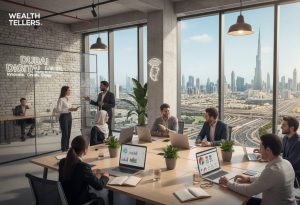 Team collaborating in Dubai digital hub office with laptops and analytics dashboards, overlooking Burj Khalifa skyline through large windows.