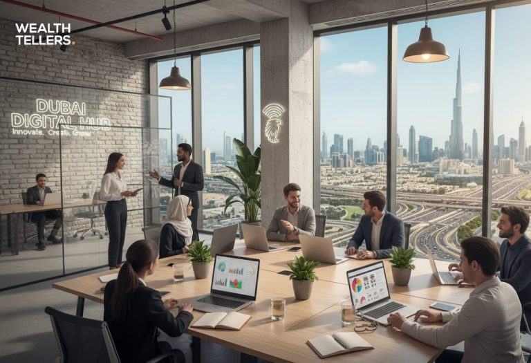Team collaborating in Dubai digital hub office with laptops and analytics dashboards, overlooking Burj Khalifa skyline through large windows.