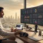 Professional analyzing real-time business dashboards on dual monitors in a Dubai office with skyline view at sunset, focused workspace setup.