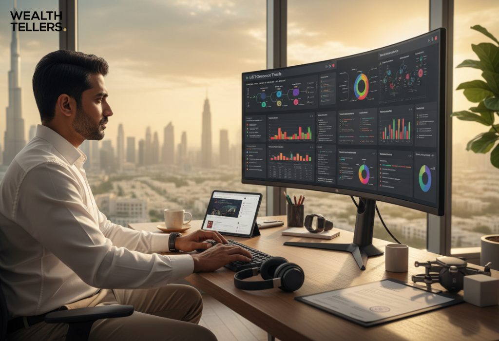 Professional analyzing real-time business dashboards on dual monitors in a Dubai office with skyline view at sunset, focused workspace setup.
