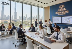 Dubai real estate professionals meeting in a modern office with property plans on screens and Burj Khalifa skyline visible through large windows.