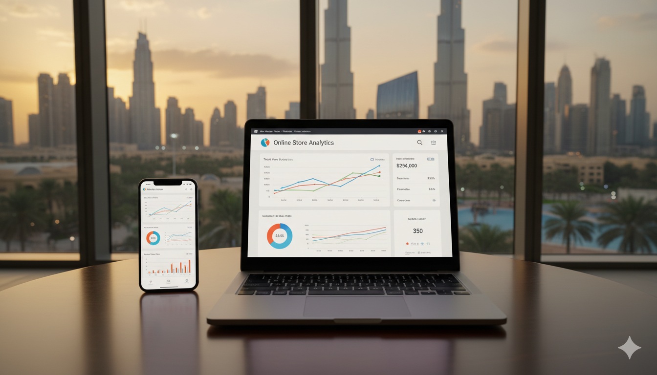 Laptop and phone showing an online store dashboard with a modern Dubai skyline in the background