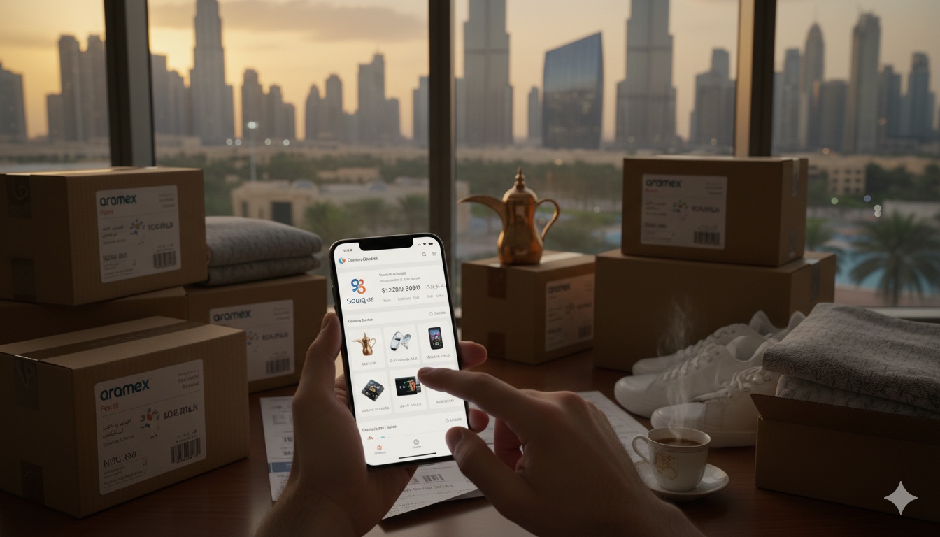 Person browsing a UAE online marketplace on a phone with delivery parcels on a desk