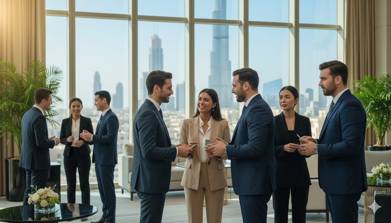 Professionals networking at a UAE business event exchanging cards and ideas