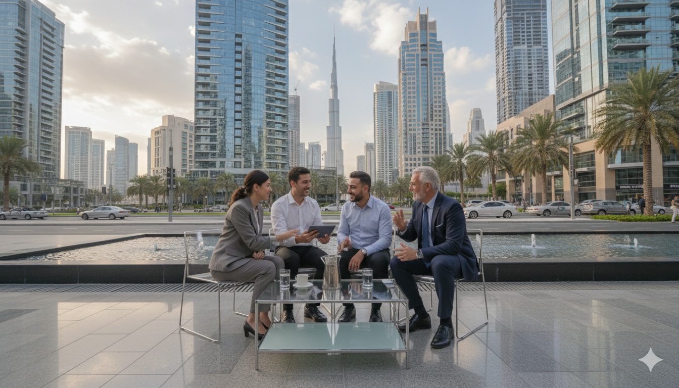 Startup founders meeting investors in a modern Dubai business district