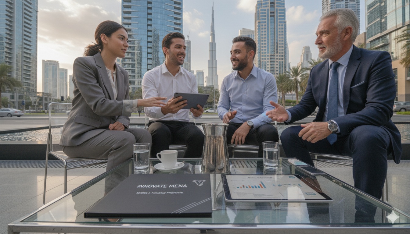 Startup pitch deck on a table during a funding discussion in Dubai