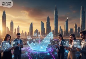 Professionals reviewing digital dashboards around a holographic UAE map with Dubai skyline backdrop, representing online business growth and innovation.