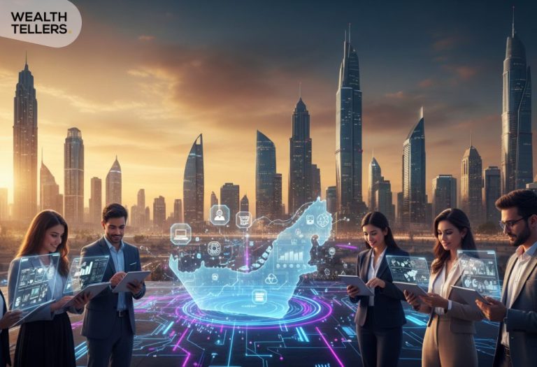 Professionals reviewing digital dashboards around a holographic UAE map with Dubai skyline backdrop, representing online business growth and innovation.