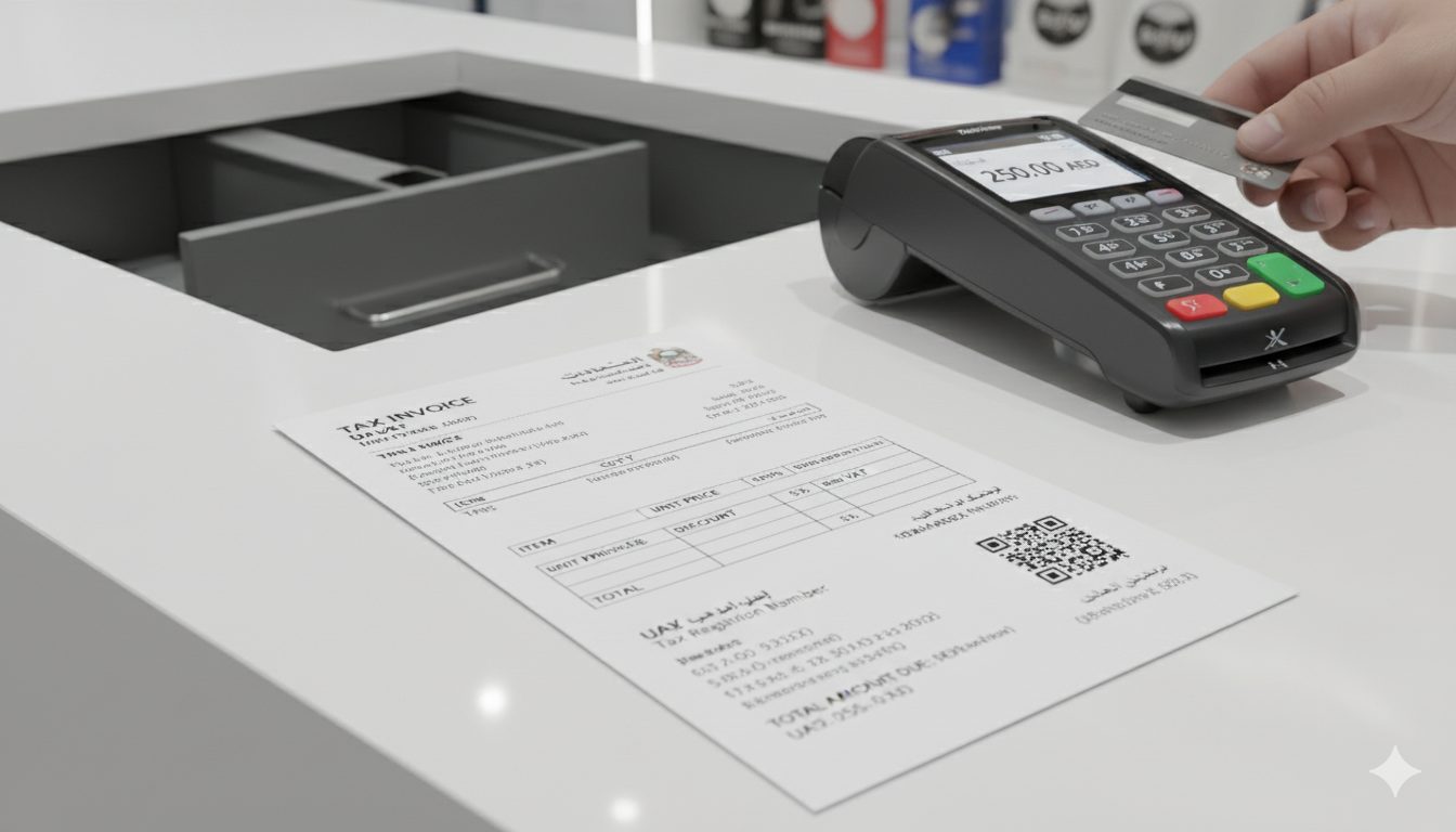 Close-up of a UAE VAT invoice beside a payment terminal at a retail checkout counter