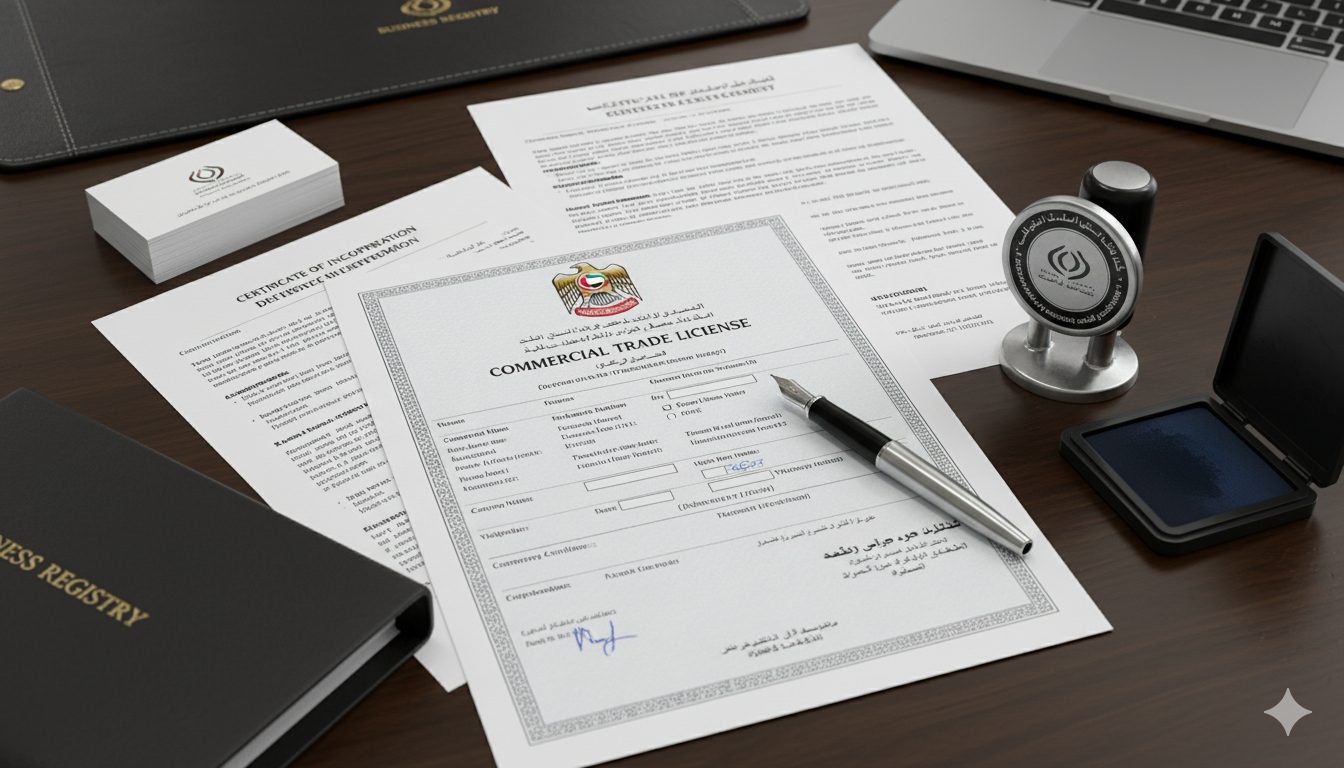 UAE business licensing documents arranged on desk with pen and official stamp