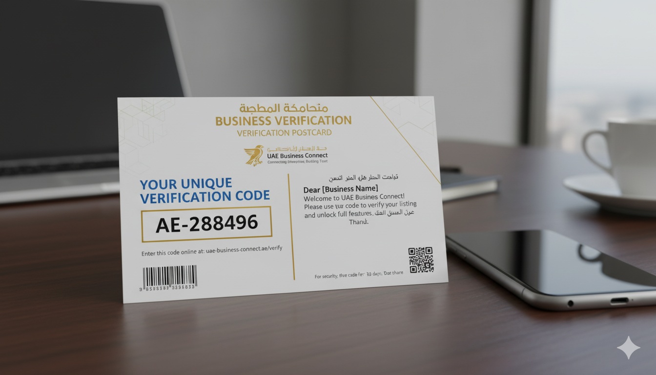 Verification postcard code concept for a UAE business listing setup