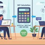 Illustration showing VAT calculation with sales output VAT minus purchase input VAT using a calculator, resulting in net VAT payment to tax authority.